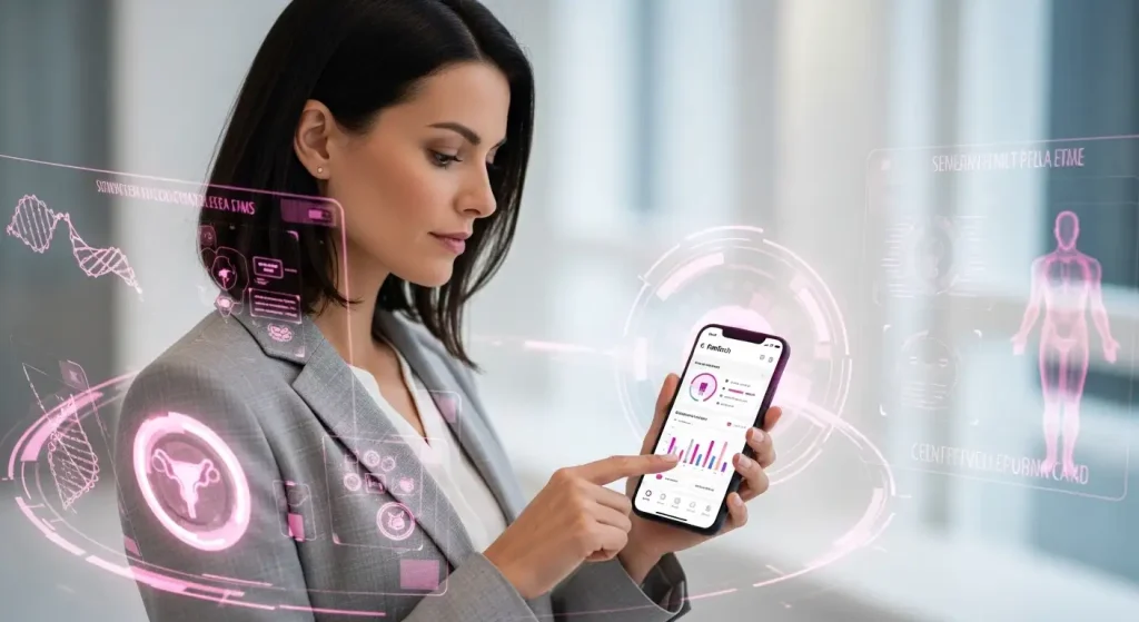 FemTech innovations showing women's health technology app interface with fertility tracking and digital health solutions