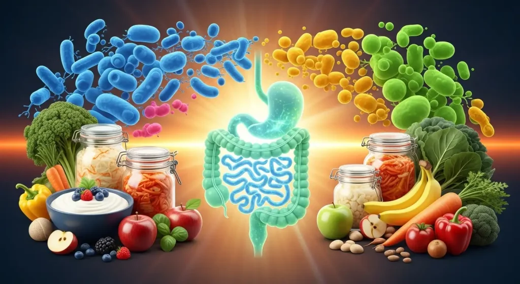 Gut health and digestive wellness illustration showing probiotics benefits gut microbiome and healthy foods