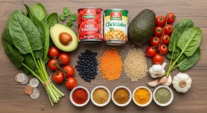 Plant-based on a budget ingredients including beans, lentils, and vegetables