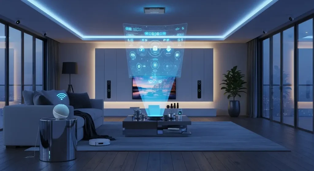 Smart home 2025 trends showing IoT devices and home automation technology in modern connected living room