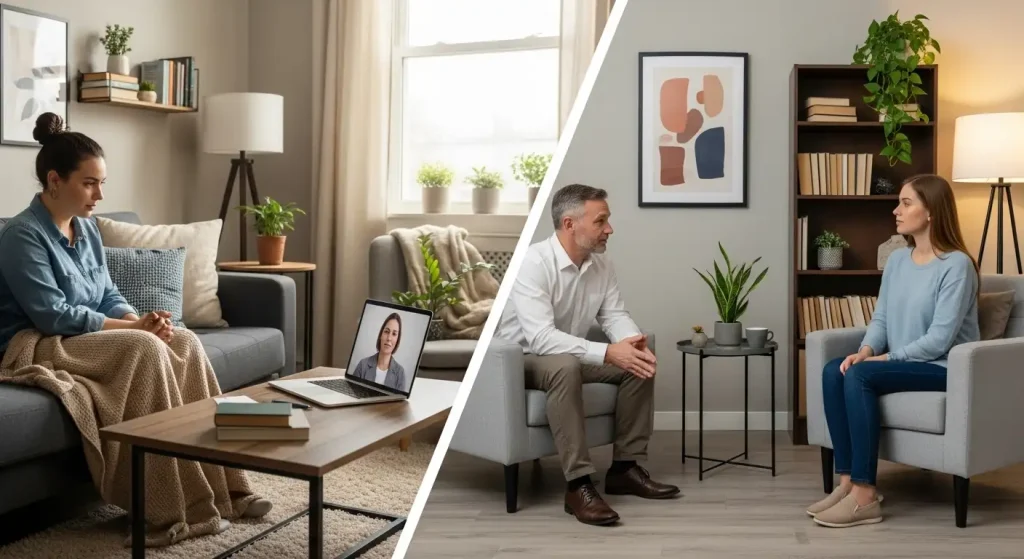 Teletherapy vs in-person therapy comparison showing online and traditional mental healthcare options