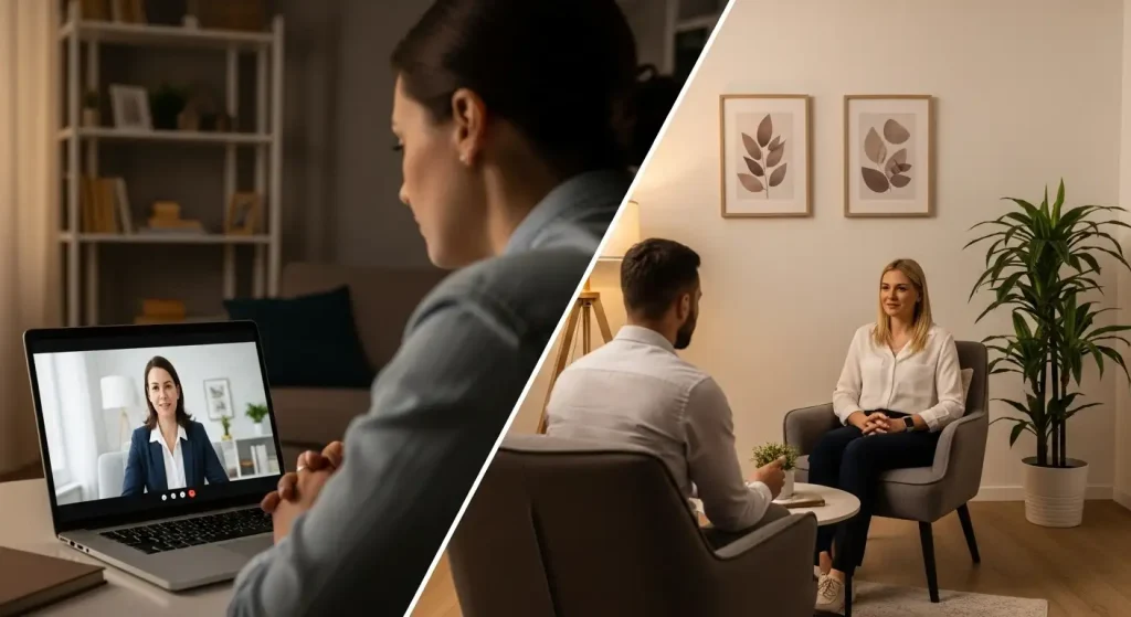 teletherapy vs in-person therapy comparison showing online and traditional counseling sessions